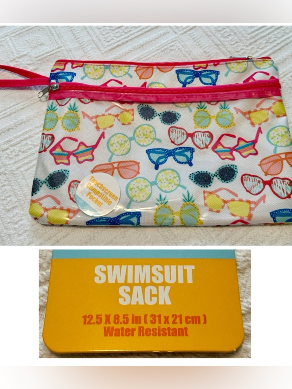 Swimsuit sack water resistant pouch New -Outside zip pocket. 12.5x8.5 Sunglasses